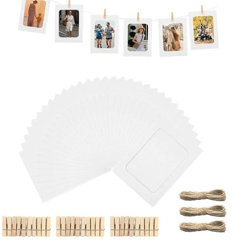 ROEOWENE 30pcs Cornice di Carta per Foto 10x15 Portafoto Cornice in Cartone Cornici per Foto da Parete con Corda+ Clips Cornici Carta Kraft Fai da Te Cornice da Appendere Muro per Decorazione-Bianco