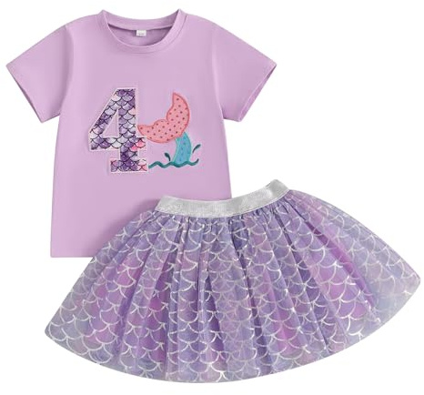 MAHUAOYIXI Baby Girl 2Pcs Birthday Outfits Letter Print Short Sleeve Tops Tshirts + Fish Scale Tulle Tutu Skirt Set Toddler Girls Clothes Girls Birthday Clothing Set (Purple FOUR, 4-5 Years)