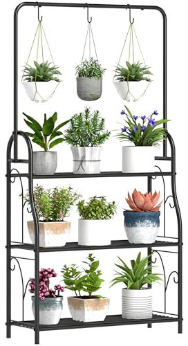 Outsunny 3 Tier Plant Stand with Hanging Rod and Hooks, Metal Plant Rack Shelf, Ladder Flower Pot for Indoor Outdoor Porch Balcony Living Room Bedroom, Black