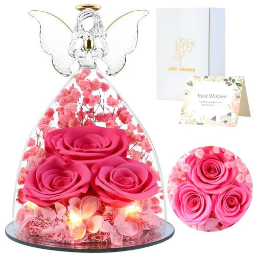 FRFG Regalos de Angel Rosa Eterno para Mujeres, Regalo para Mujeres, Rosas Preservadas en Figuras de Angel de Vidrio, Angeles de Flores para Mamá, Abuela, Esposa, Hermana, Novia (Rosa)