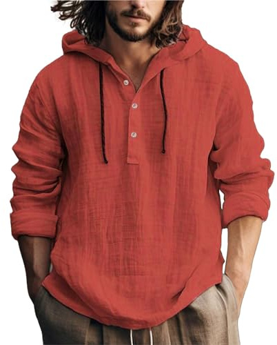 Camisas de algodón de cáñamo de manga larga con capucha para hombre, camisas con botones y solapa, lisas, sueltas, a la moda, informales, con cordón, para deportes, camisetas con capucha, ligeras