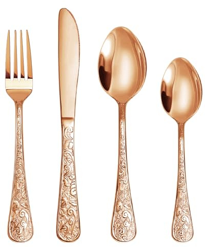 SHEUMNT 24-Piece Rose Gold Vintage Carved Silverware Set for 6, Stainless Steel Flatware Set with Knife/Fork/Spoon, Cutlery Set for Home and Kitchen, Utensil Set with Dishwasher Safe