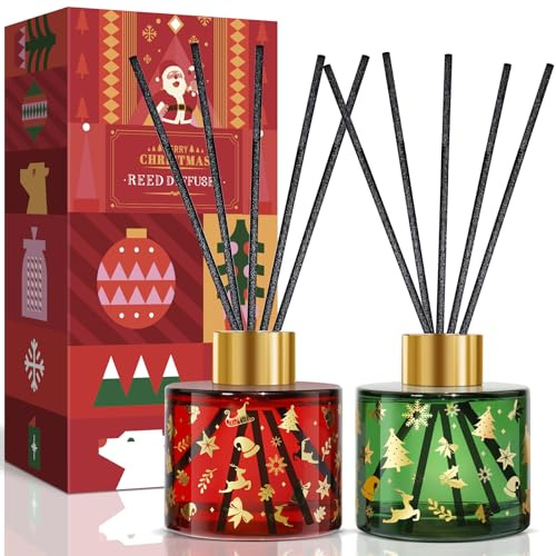 Scent Hi Raumduft Diffuser, 2x100ml Duftdiffusor mit 12 Stäbchen, Weihnachten Raumduft fur Raum, Zuhausem, Büro, Duft Weihnachtskranz Süßes und Zuhause