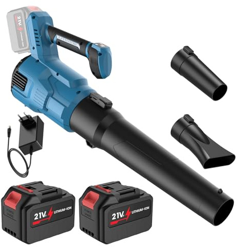 Lövblåssbatteri, batteri lövsugare 21 V med 2 × 4,5 Ah batteri och laddare, 240 km/h, 450 m³/h, 3 vindhastigheter, borstlös motor, 3 typer av munstycken, för trädgård, löv, damm och snö (B)
