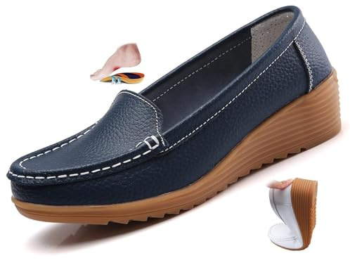 Mocassins orthopédiques pour femmes en cuir respirant, mocassins orthopédiques à talon compensé classiques, mocassins décontractés à enfiler pour le travail, le bureau, les soins infirmiers, bleu