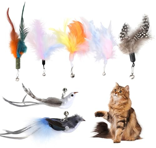 LOLANIUT Set de Plumas de Repuesto para Caña de Gato 7 Piezas Juguete Interactivo con Plumas y Pájaros para Gatos Domésticos y Gatitos