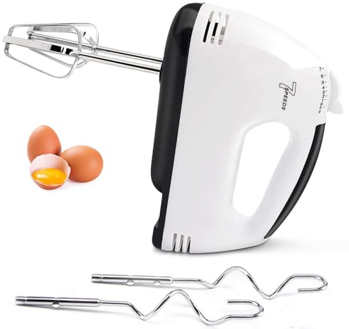 Electric Hand mixer - 7 Adjustable Speed 180W Handheld Mixer Electric Whisk with 5 Stainless Steel Accessories, Turbo Boost/Self-Control Speed + Eject Button Food Beater for Cakes Eggs, Off-white
