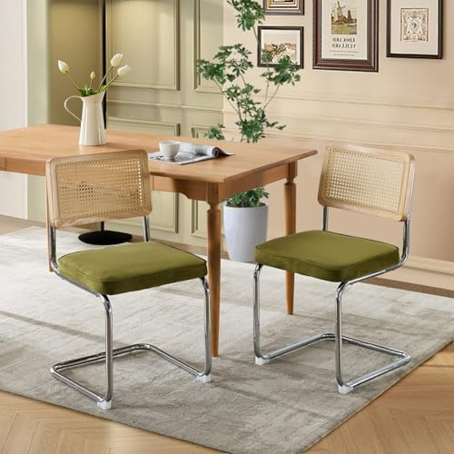 SoarFlash Sillas de Comedor Mid-Century Modernas, Respaldo de Rattan Tresse a Mano, Estructura Cantilever en Acero Cromado, Asiento Moelleux en Terciopelo, Set de 2, Verde