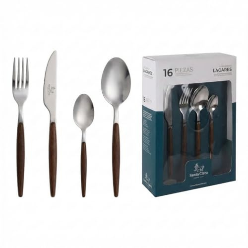 SANTA CLARA | Cubertería completa 16 piezas de acero inoxidable con mango efecto madera, juego de cubiertos con cuchillo, tenedor, cuchara, cucharilla de postre, servicio para 4 personas, Gama Lagares