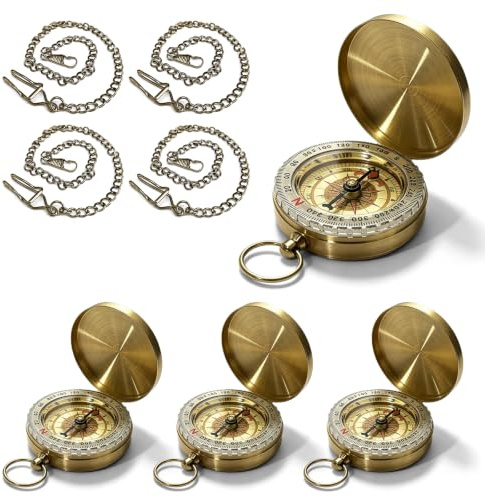 4 brújulas de bolsillo de latón: brújula antigua, impermeable y portátil, para senderismo y aventura, con cadenas de latón de 37 cm y color amarillo, set para exploradores