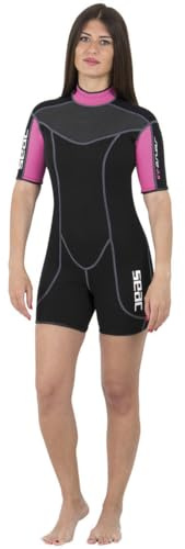 SEAC Ciao 2.5mm High Stretch Comfortable Neoprene Short Wetsuit Mens Women Kids for Scuba, Snorkeling, Swimming, Black/Pink, 0010079032125A, XX-Large