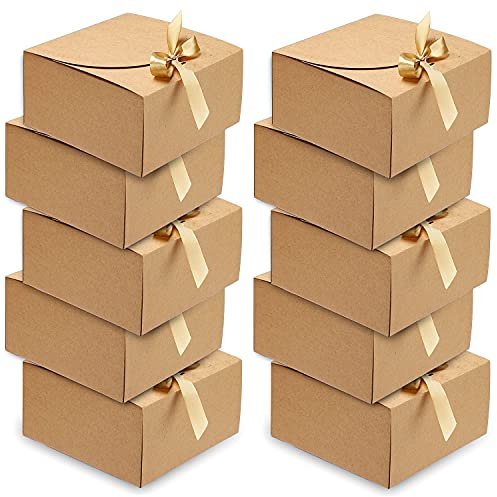 10 Stück Geschenkbox Großes, Etercycle Kraft Geschenkboxen mit Bogen Band, 20x20x10cm Geschenkkartons Quadratisch für Geschenke, Party, Geburtstag, Hochzeit (Braun)