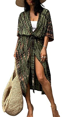 Long Beach Kleid für Frauen, Damen Lose Sommer Pareos, Maxi Strandkleid Boho Kimono Lang Strand Cardigan Beachwear, Front Offen Blumen Bluse Bikini Cover-Up Einheitsgröße (Militärisch grün)