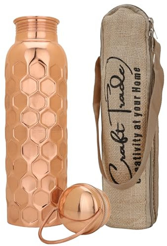 Craft Trade Hammered Pure Copper Bottle with Lid and Carry Bag for Drinking Water BPA Free Leak Proof Boosts Immunity, Supports Digestive & Liver Health, Ayurveda Inspired 34oz - 1 Litre Natural