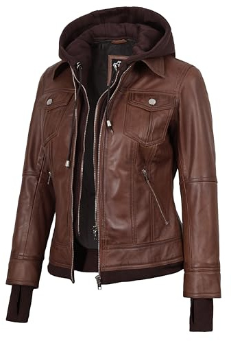 fjackets Giacca bomber in pelle con cappuccio da donna - Vera giacca in pelle di agnello per donna con cappuccio rimovibile, XX-Large
