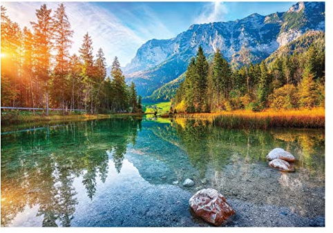 WallArena – fleece fototapet berg panorama sjö landskap natur skog 208 x 146 cm – fototapeter – för vardagsrum sovrum – fibertapet tapet tapet 3D-effekt – inkl. lim