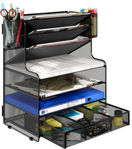 TQVAI 7 Tier Letter Tray Desk Tidy Organiser with Drawer Magazine File Holder A4 Paper Storage Document Tray, Black