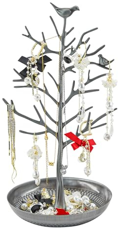 MrMrKura Jewelry Tree Earring Necklaces Holder, Tree Tower Organizer for Women Girl Jewelry Rack Stand Display for Earrings, Necklaces, Rings (Antique Silver)