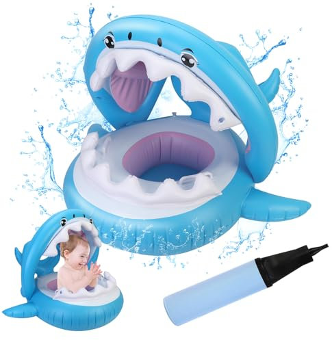 Vspek Bouée de natation pour bébé avec auvent amovible, protection solaire, flotteur gonflable requin en PVC, siège flotteur circulaire avec gonfleur et poignée pour enfants de 6 mois à 3 ans
