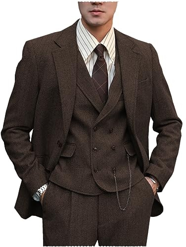 Tuikayoo Traje formal de tweed para hombre, lana en espiga, 3 piezas, traje de boda, corte ajustado, esmoquines para graduación y padrinos de boda, café, XL