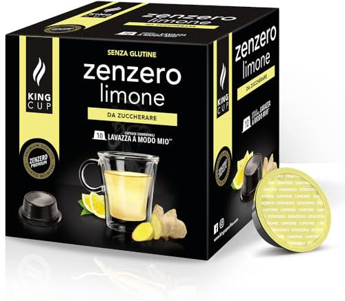 King Cup - 1 Confezione da 10 Capsule di Zenzero e Limone da Zuccherare, 10 Capsule Compatibili con Sistema Lavazza a Modo Mio di Bevanda al Gusto di Limone e Zenzero, Senza Glutine, Senza Lattosio
