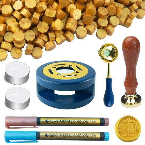 Kit de Sellos de Cera Tomgenrine - 500 perlas de cera lacre Oro, Sello Lacre, Calentador de Cera, Cuchara y Bolígrafos