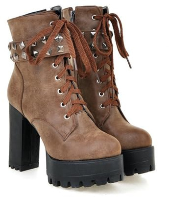ENWIND Botas Militares Mujer Botines de Tacón Alto Plataforma Moda Invierno Botas Cortas con Cordones y Cremallera,Marrón,36 EU