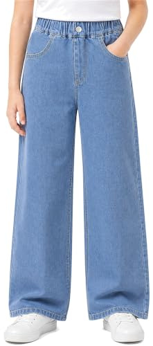 FILOWA Jeans Filles Wide Leg Denim Pantalon avec Taille Élastique, 6-14 Ans | Baggy Bleu Denim Pants avec Poches, Jambes Larges Jean, Loose Fit Pantalon, Stretch, Décontracté Vêtements du Bas, Streetwear