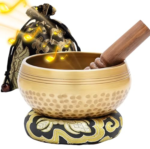 LEKEFETO Tibetische Klangschalen Set, Handgehämmert in Nepal für Meditation, Singing Bowl mit Holz Klöppel Klangschalenkissen und Aufbewahrungsbeutel, für Yoga Meditation und Entspannung - Ø 8cm