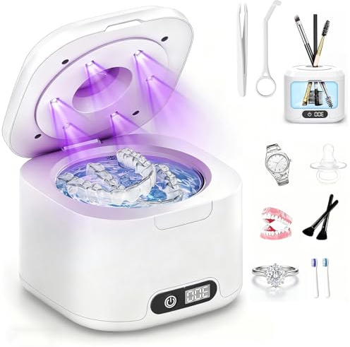 Ultrasonic Retainer Cleaner, 49kHz Denture Cleaner Machine with LED Digital Auto Timer 340ML Portable Dental Cleaning Pod for Denture, Aligner, Mouth Guard,Night Guard