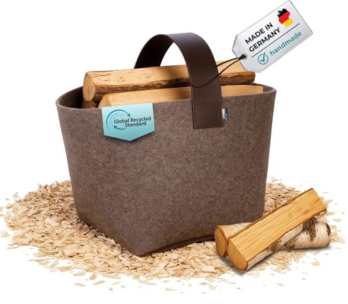 kontor28® - Kaminholzkorb aus Premium Filz 100% MADE IN GERMANY | Brennholzkorb Füllvolumen 40 L mit herausnehmbarem Boden | Feuerholzkorb mit Echtleder-Henkel, robust & standfest - Farbe Naturmeliert