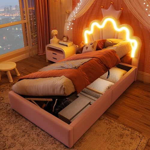 LAKFEW Cama Individual Cama Niña 90x200 cm con LED y Almacenaje Hidráulico, Camas Juveniles Cama 90 Infantil con Cabecero Ajustable de Diseño Corona, Camas Individuales, PU, Rosa, Sin Colchon