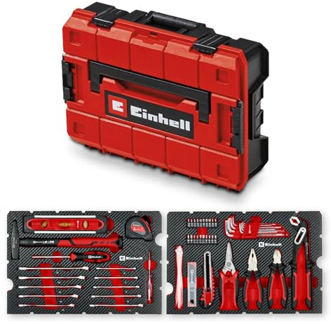 Original Einhell Werkzeugkoffer Umzug 79-tlg. (Schlosserhammer, Zangen, Schraubendreher, Bits, Messer, Maßband, Wasserwaage, Gabel-Ringschlüssel, E-Case-System)