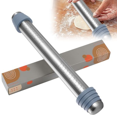 Mattarello in metallo, acciaio inox, mattarello, spessore regolabile, con anelli rimovibili in 4 misure, accessorio da forno Rolling Pin per pizza, biscotti, pasta da pasticceria, 41,5 x 6,5 cm