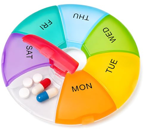 Weekly Pill Box 7 Day, Portable Pill Organiser, Travel Tablet Organiser, Moisture Resistant Storage for Vitamins Supplements & Medication Organizer, Multicolor