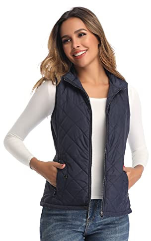 LONGKING Damen Weste Leicht Stehkragen Weste Steppweste mit Reißverschluss Ärmellose Oberteile Tops Coat Jacke Outdoor Blau S