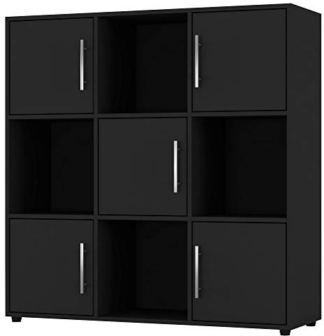 URBNLIVING Estantería de almacenamiento de cubo negro con puerta de madera con manija de metal, estante de almacenamiento (puerta negra, cubo de 3 x 3 pulgadas (9 cubos)