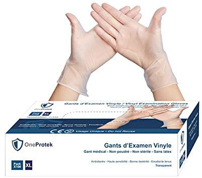 OneProtek Gants jetables en Vinyle - Lot de 4x Boîtes de 100 gants jetables Taille XL - non poudrés, sans latex - Multi-usages et résistants - Protection contre les produits chimiques