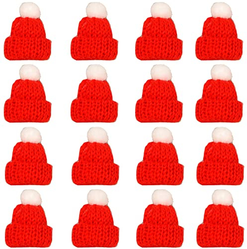 AOVNA 24 delar jul mini stickad mössa träd ornament jultomten keps julfest flaska gör-det-själv handgjorda tillbehör miniatyr (röd)