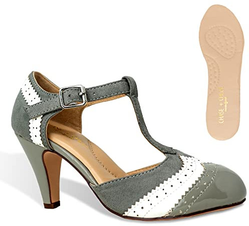 Women's Two Tones Wing Tips Retro Rockability 1950s Vintage T-Strap Pinup Style Pump Flapper Kimmy-66 by Chase + Chloe, Grey/White Comfort, 7 UK
