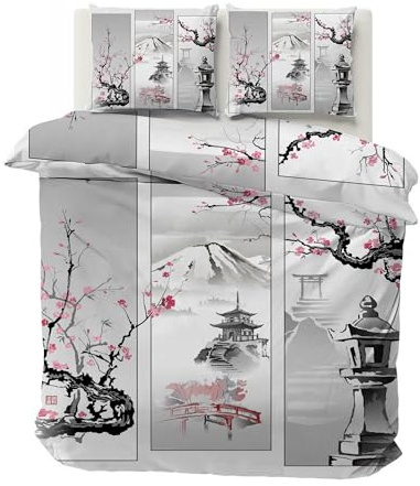 Boceoey Housse de Couette 220x240 Japonais Parure de Lit Adulte Réversible avec Fermeture Éclair, Housse de Couette 2 Personnes Imprimée Mont Fuji Fleur de Cerisier et 2 Taie d'oreiller 65x65 cm