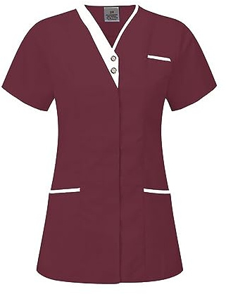 Skywear T25 Healthcare Woman Spa Salon Beautician Cross Neck Tunic Nail Massage Therapist Shirts Top, Burgundy with White Trim, Size 12