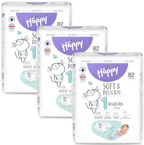 bella baby Happy Windeln soft & delicate Gr.1 Newborn 2-5kg BIG PACK 246 Stück (3 x 82 Stück), Babywindeln für Neugeborene