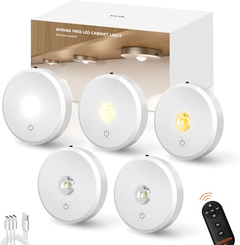 MEKKLEON Puck lumières avec télécommande Rechargeable, sans fil sous l’éclairage d’armoire,2000mAh à piles Tap Push Touch lumières (White, 5 Pcs)
