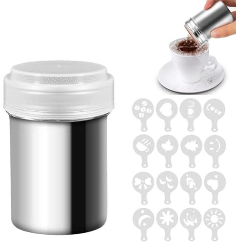 Shaker à chocolat en acier inoxydable pour café, cacao, tamis à saupoudrer la poudre avec 16 pochoirs à café barista pour bricolage, café, barista, cannelle, cuisine, boissons et pâtisseries