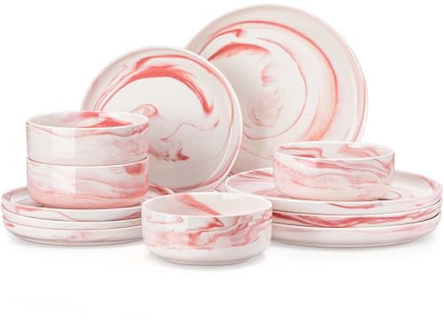 MALACASA Plates and Bowls Sets, 12 Pieces Porcelain Dinner Sets Dinnerware Sets Chip Resistant Ceramic Dish Set Service for 4, Marble Pink, Series Luna