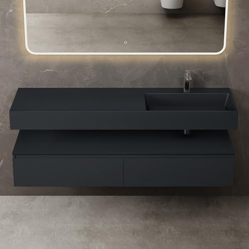 Mai ＆ Mai Meuble de Salle de Bain Gris Noir Mat Ensemble de 2 Pièces Meuble avec Lavabo 150cm Meuble avec 2 Grands Tiroirs
