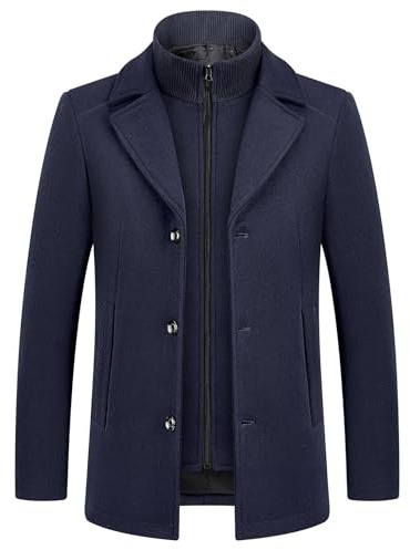 KUDMOL - Cappotto da uomo in lana per l'inverno, caldo, trench classico, parka, pardessus, caban, slim fit, business, duffle-coats, antivento, con risvolti, overcoat, blu marino, XXL