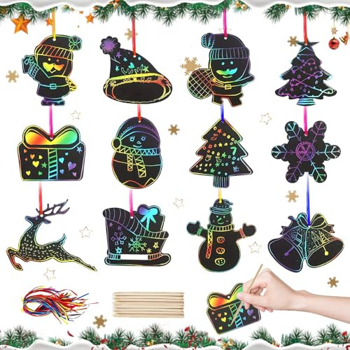 SPERMUOY Weihnachten Kratzbilder Basteln Kinder,48 Stück Kratzbilder Basteln Kinder Weihnachtsdeko Regenbogen Kratzpapier,kratzbilder anhänger weihnachten für Kinder Basteln,Weihnachtsbaumschmuck