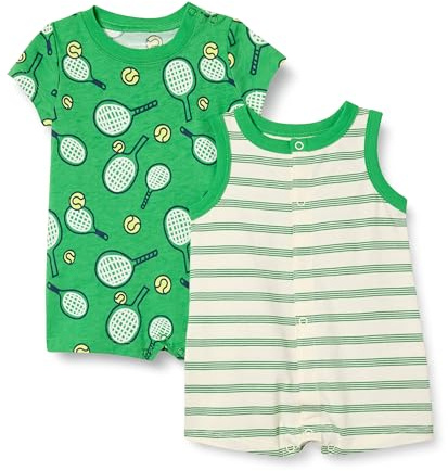 Amazon Essentials Unisex Babies' Sleeveless and Short-Sleeved Romper Set, Pack of 2, Sporty/Stripes, 6-9 Months